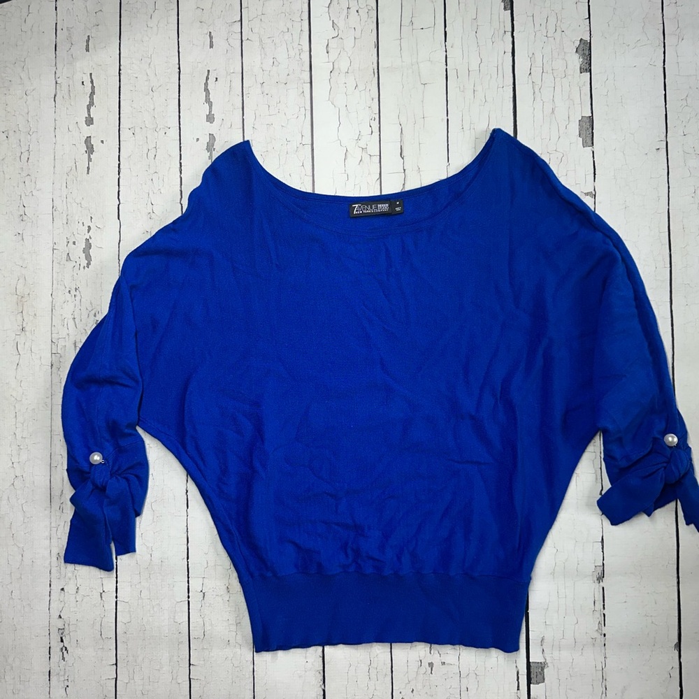 7th Avenue Royal Blue Scoop Neck Batwing Sweater cute pearl accents size medium